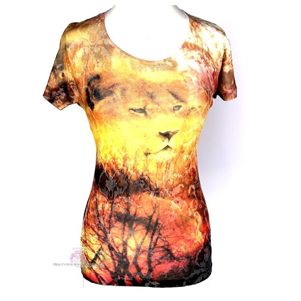 XS - Womens Animal Lion of Judah Short Sleeve Sheer Scrolled Stretch T-Shirt